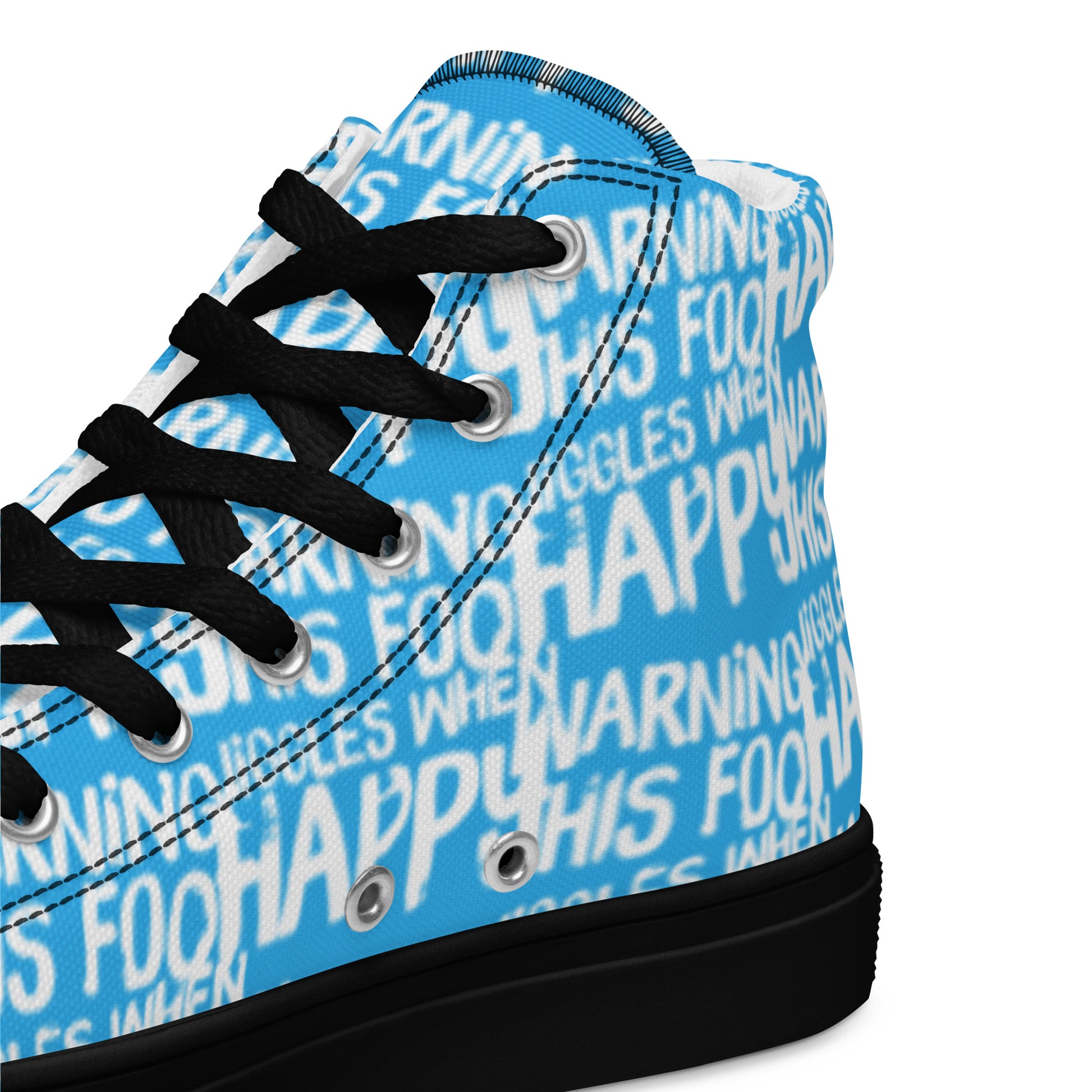 HappyStuff blue high tops with playful white print Warning This Foot Jiggles When Happy inside heel side closeup view black sole