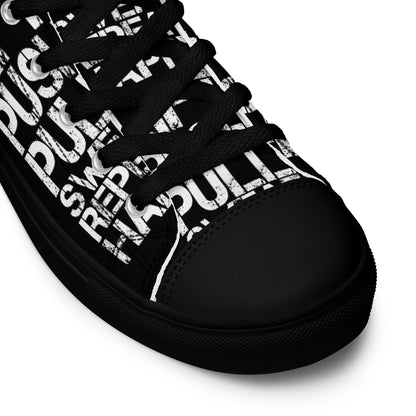 HappyStuff black high tops black sole lift push pull sweat repeat happy distress print black laces black faux leather toe cap closeup