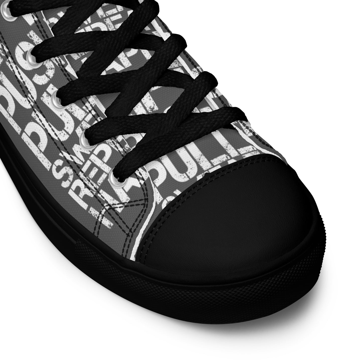 HappyStuff slate grey high tops black sole lift push pull sweat repeat happy distress print black laces black faux leather toe cap closeup