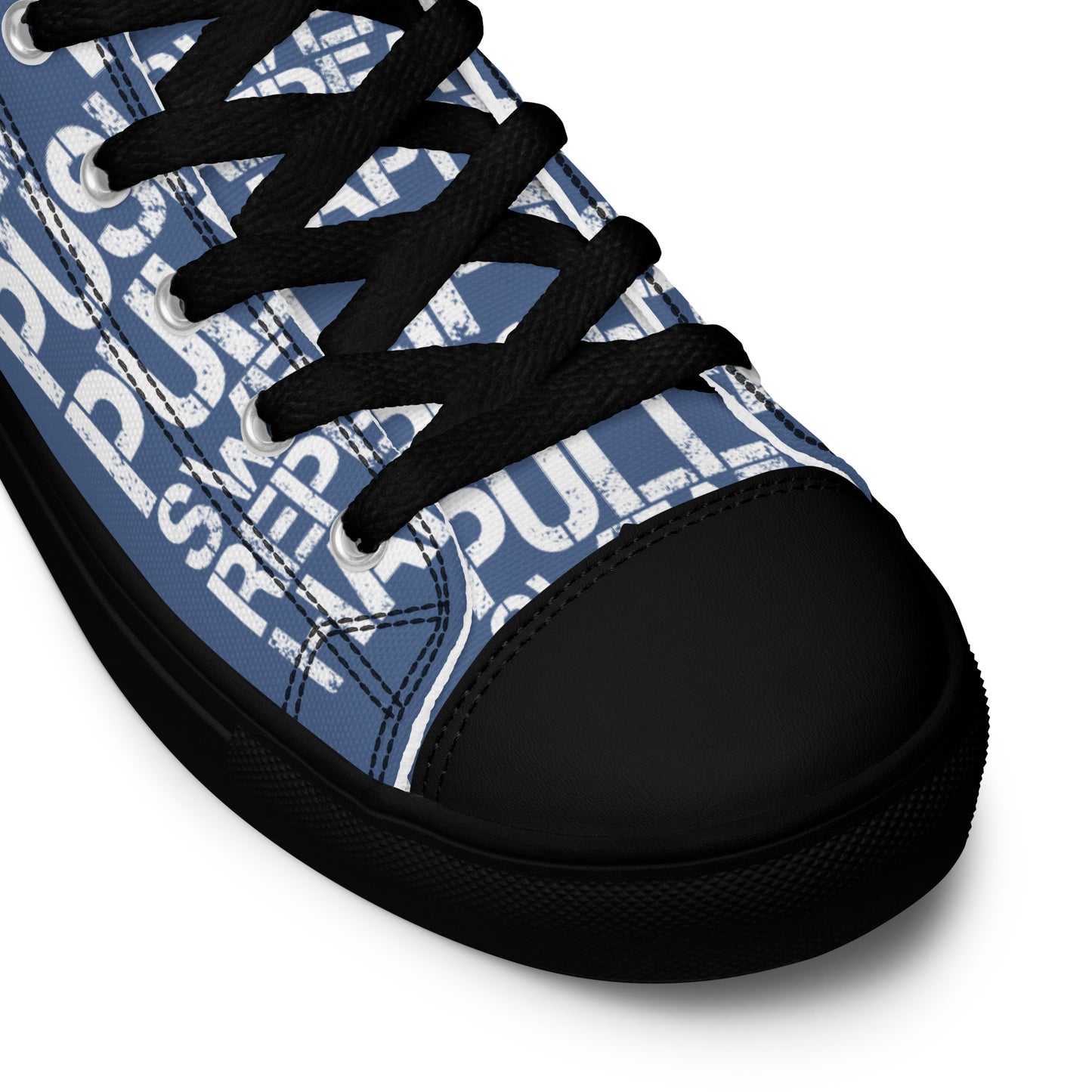 HappyStuff denim blue high tops black sole lift push pull sweat repeat happy distress print black laces black faux leather toe cap closeup