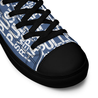 HappyStuff denim blue high tops black sole lift push pull sweat repeat happy distress print black laces black faux leather toe cap closeup