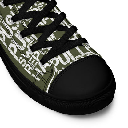 HappyStuff khaki green high tops black sole lift push pull sweat repeat happy distress print black laces black faux leather toe cap closeup