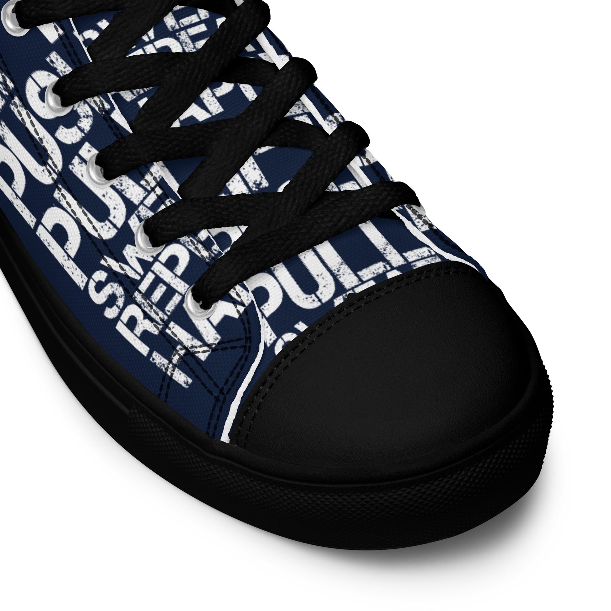 HappyStuff navy blue high tops black sole lift push pull sweat repeat happy distress print black laces black faux leather toe cap closeup