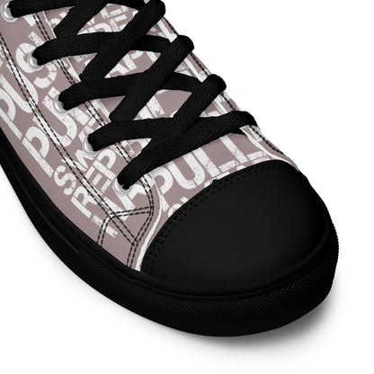 HappyStuff taupe high tops black sole lift push pull sweat repeat happy distress print black laces black faux leather toe cap closeup