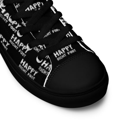 HappyStuff black high tops Happy Left Foot Happy Right Foot Pattern Print black laces black faux leather toe cap closeup black sole