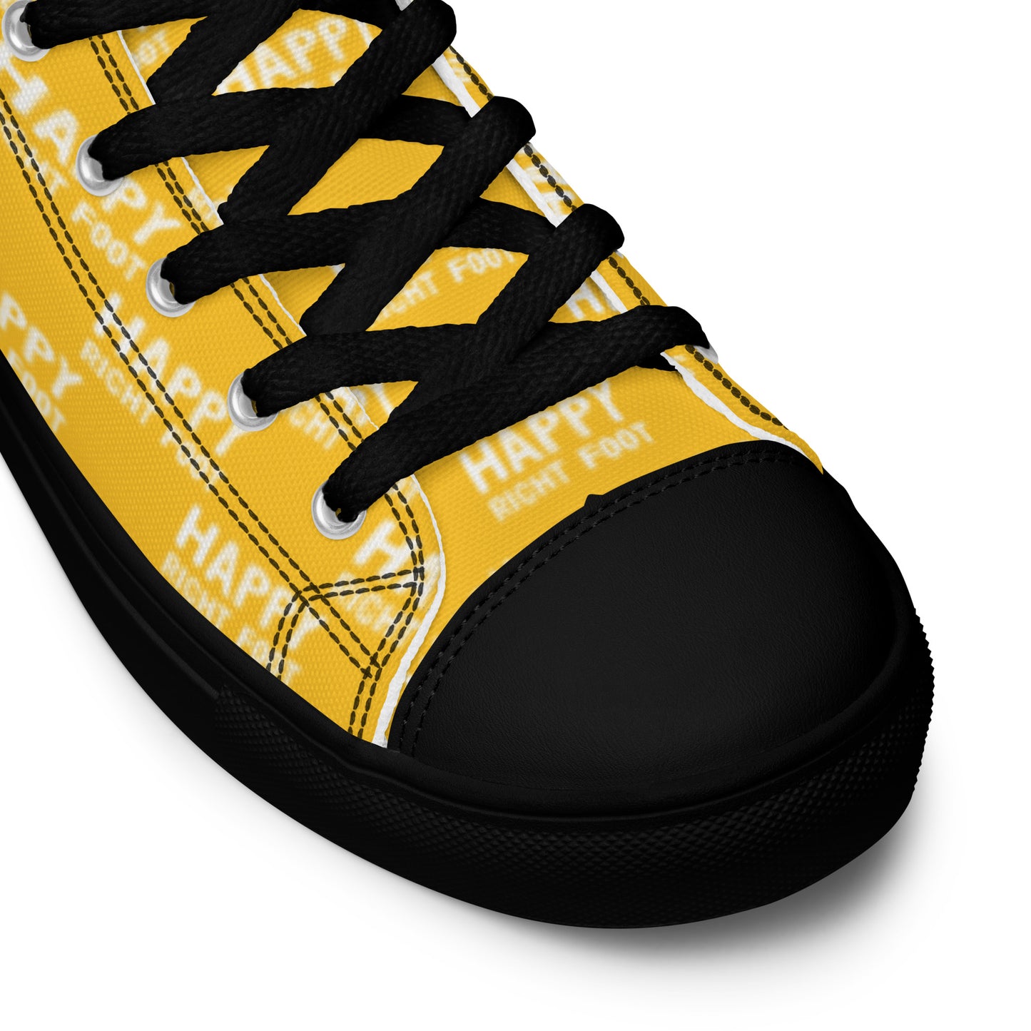 HappyStuff yellow high tops Happy Left Foot Happy Right Foot Pattern Print black laces black faux leather toe cap closeup black sole