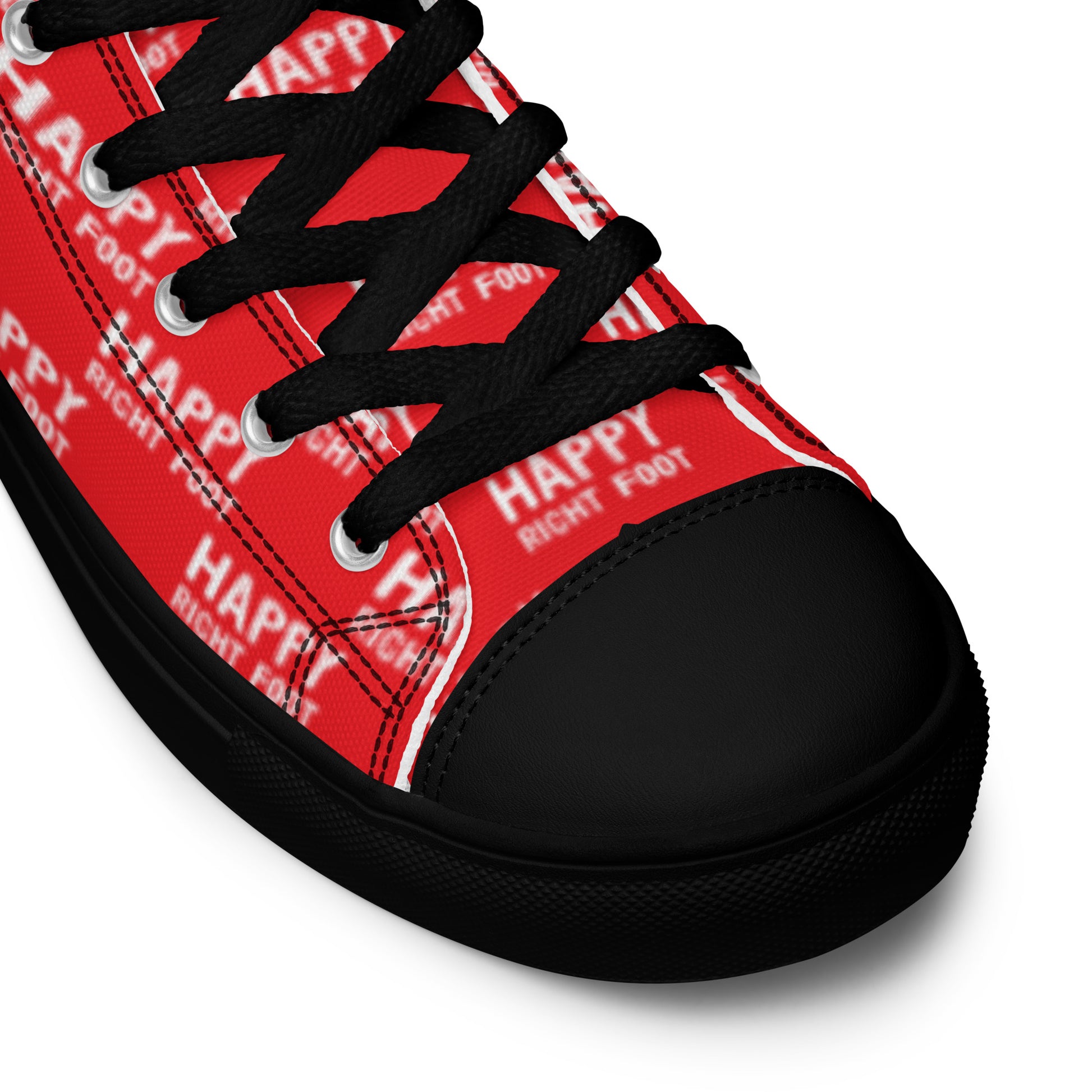 HappyStuff red high tops Happy Left Foot Happy Right Foot Pattern Print black laces black faux leather toe cap closeup black sole