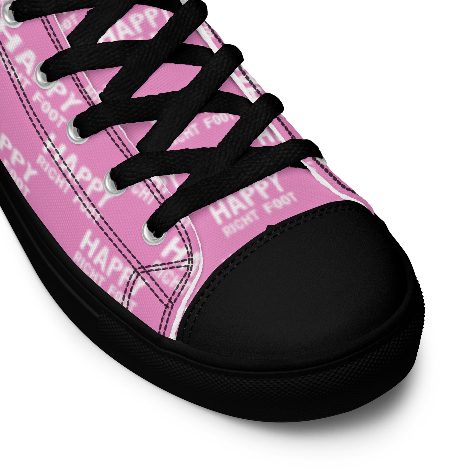 HappyStuff pink high tops Happy Left Foot Happy Right Foot Pattern Print black laces black faux leather toe cap closeup black sole