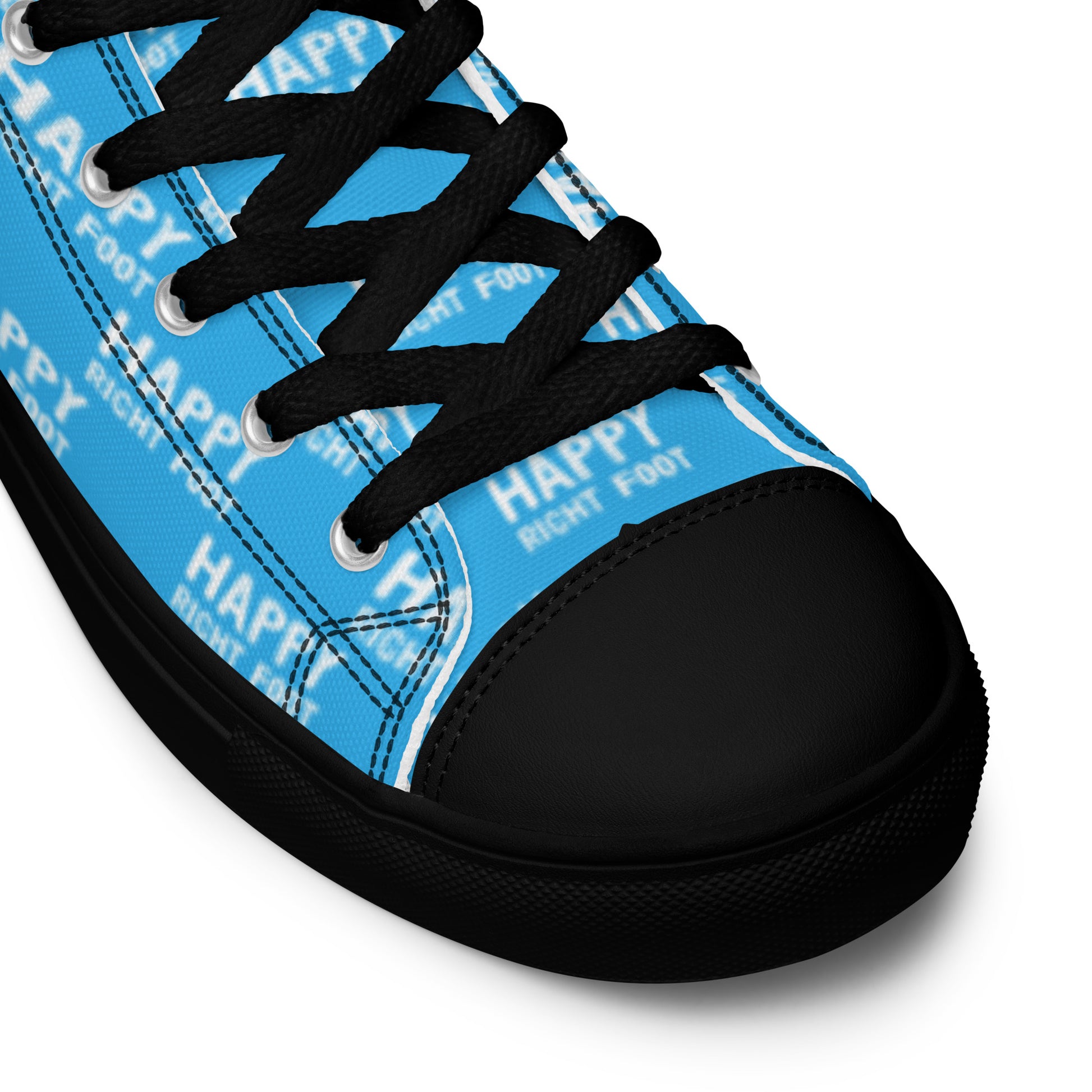 HappyStuff blue high tops Happy Left Foot Happy Right Foot Pattern Print black laces black faux leather toe cap closeup black sole