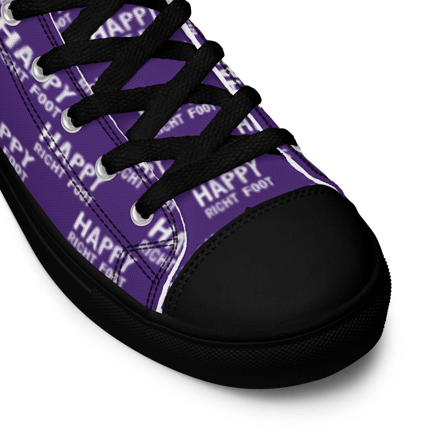 HappyStuff purple high tops Happy Left Foot Happy Right Foot Pattern Print black laces black faux leather toe cap closeup black sole