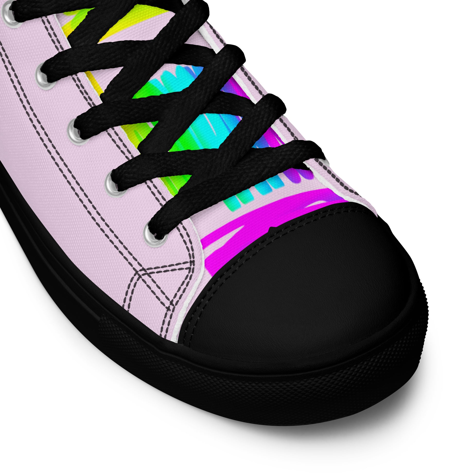 HappyStuff pink high tops rainbow shoes Happy Rainbow Painted Print bright colours black sole black laces black faux leather toe cap closeup