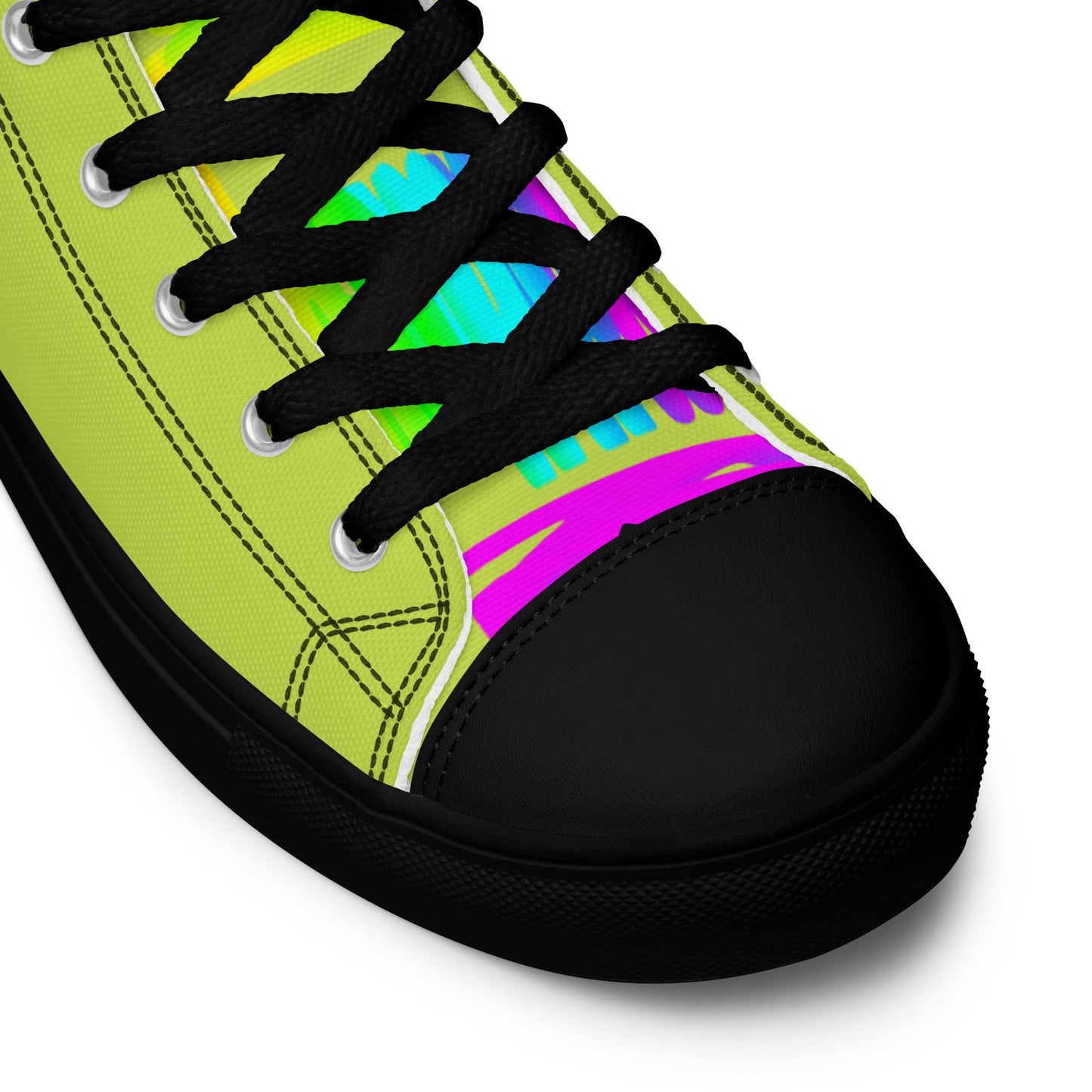 HappyStuff green high tops rainbow shoes Happy Rainbow Painted Print bright colours black sole black laces black faux leather toe cap closeup