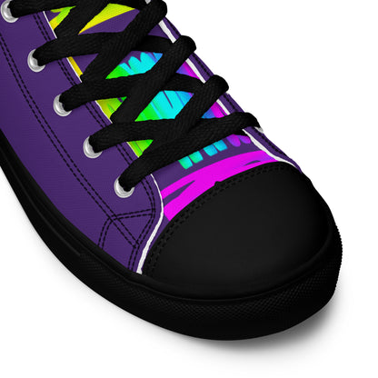 HappyStuff purple high tops rainbow shoes Happy Rainbow Painted Print bright colours black sole black laces black faux leather toe cap closeup