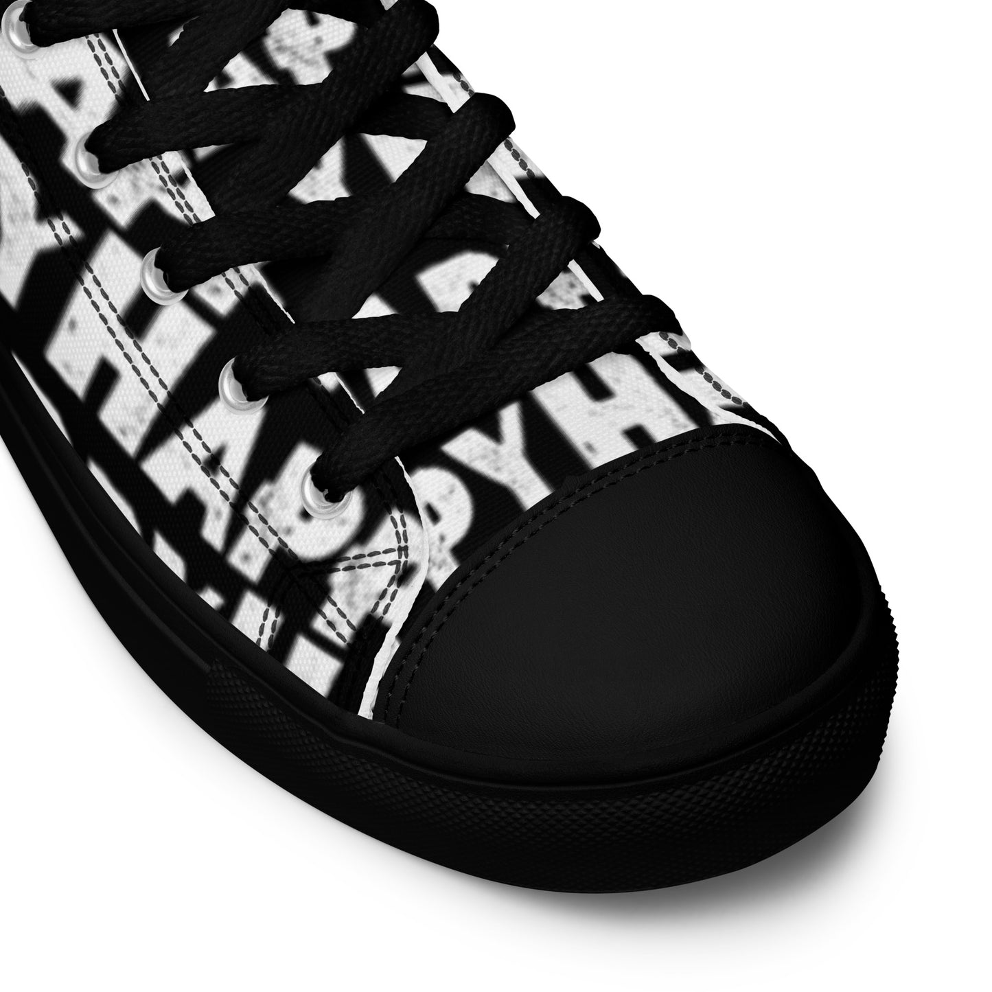 Fun Shoes black and white Happy Sponge Print High Tops lace up black sole black laces black faux leather toe cap closeup