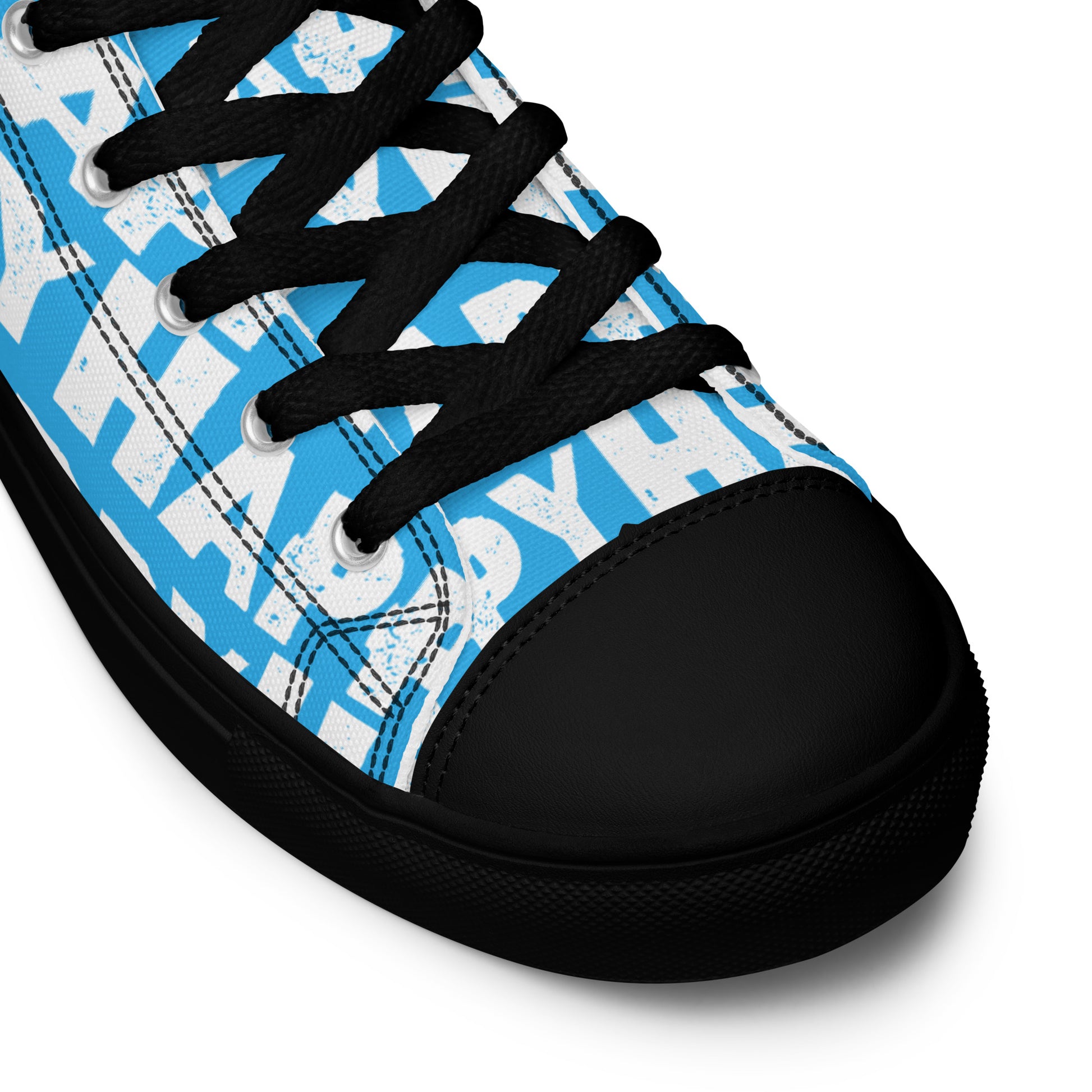 Fun Shoes blue and white Happy Sponge Print High Tops lace up black sole black laces black faux leather toe cap closeup