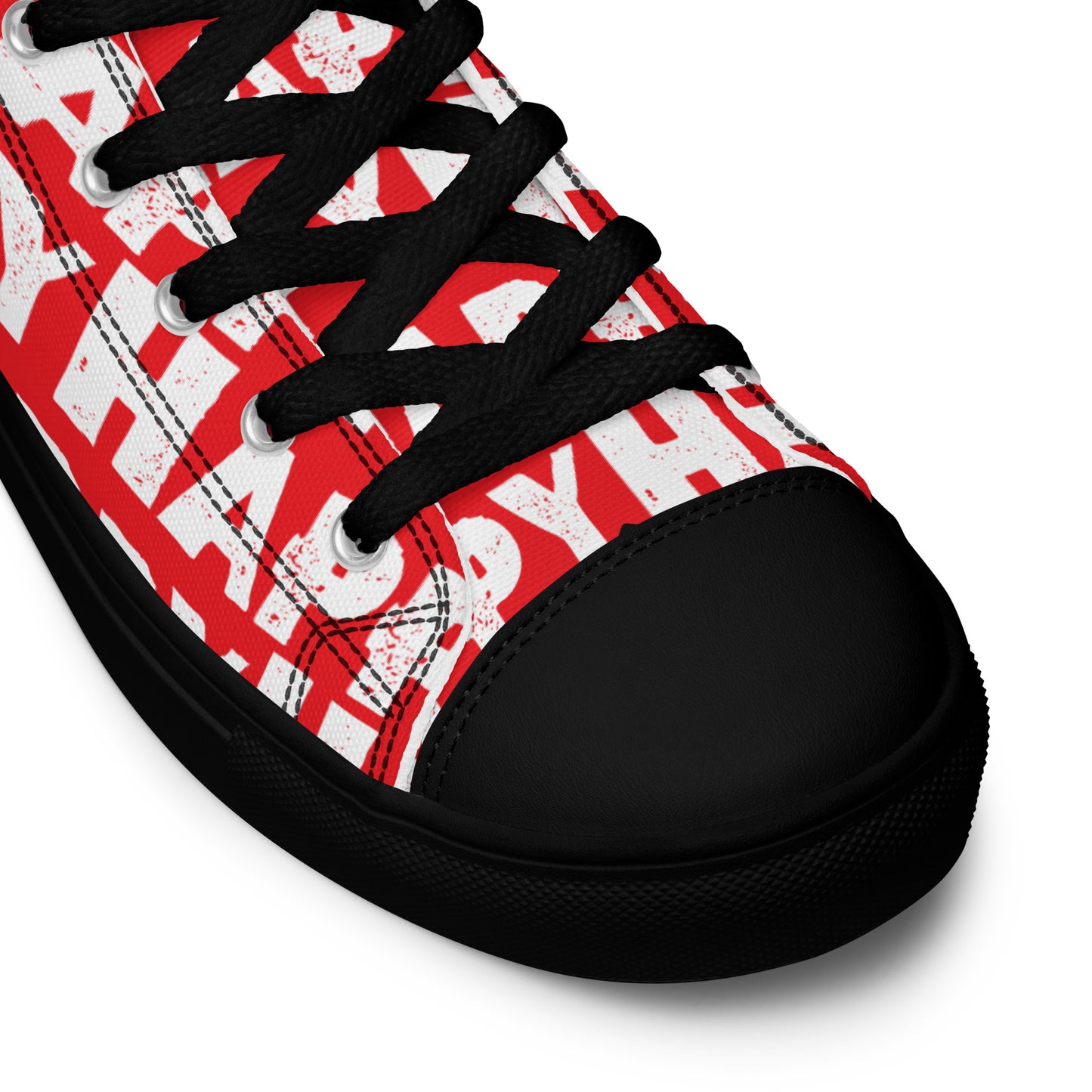 Fun Shoes red and white Happy Sponge Print High Tops lace up black sole black laces black faux leather toe cap closeup