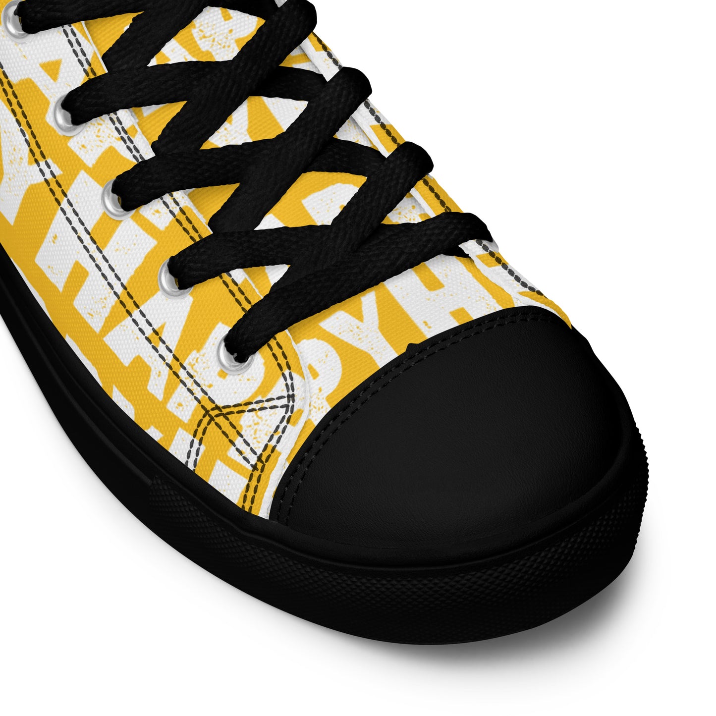 Fun Shoes yellow and white Happy Sponge Print High Tops lace up black sole black laces black faux leather toe cap closeup