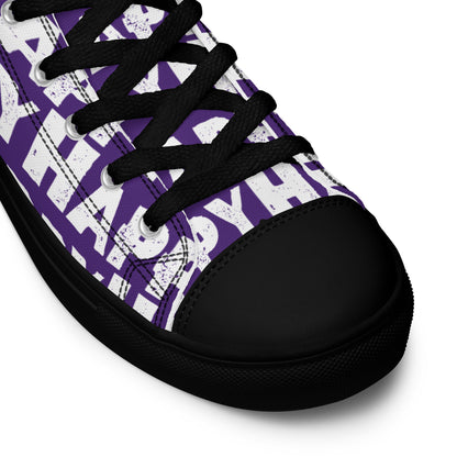 Fun Shoes purple and white Happy Sponge Print High Tops lace up black sole black laces black faux leather toe cap closeup