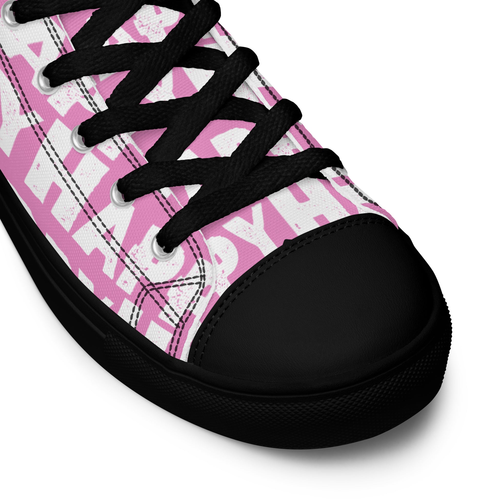 Fun Shoes pink and white Happy Sponge Print High Tops lace up black sole black laces black faux leather toe cap closeup