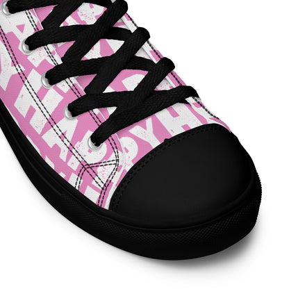 Fun Shoes pink and white Happy Sponge Print High Tops lace up black sole black laces black faux leather toe cap closeup