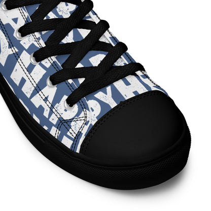 Fun Shoes denim blue and white Happy Sponge Print High Tops lace up black sole black laces black faux leather toe cap closeup