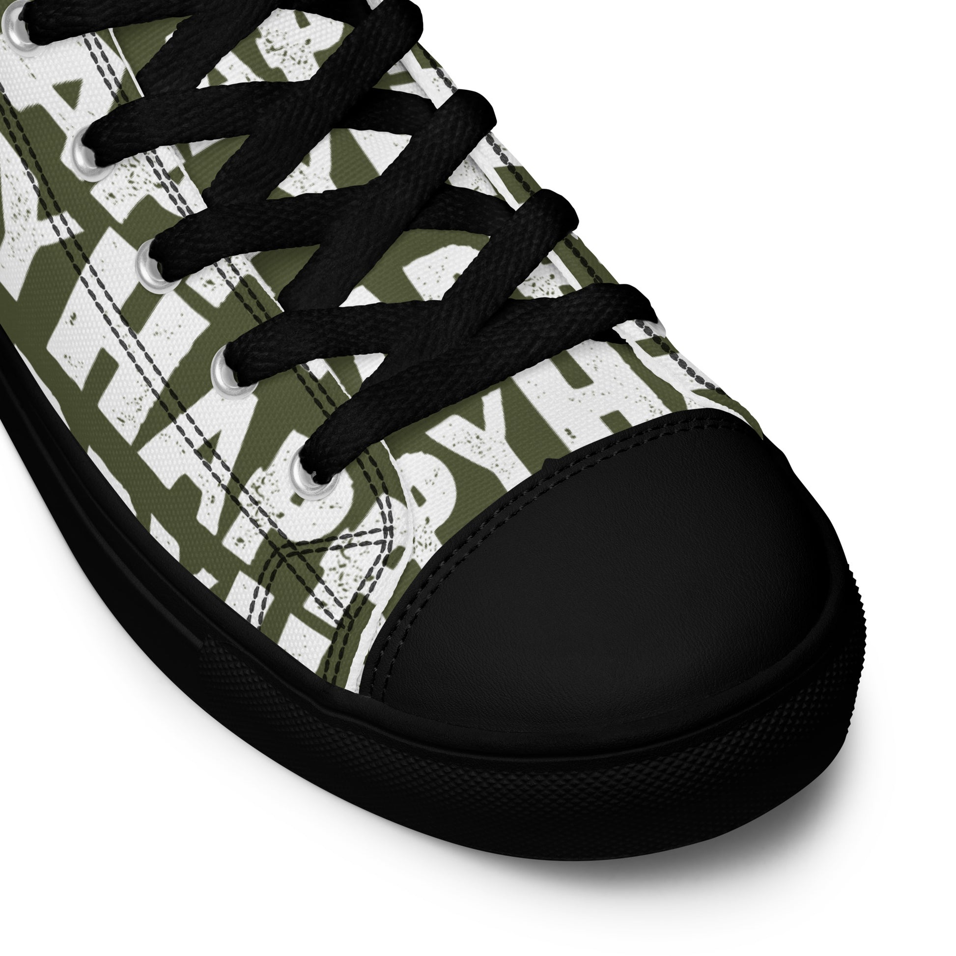 Fun Shoes khaki green and white Happy Sponge Print High Tops lace up black sole black laces black faux leather toe cap closeup