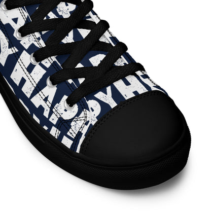 Fun Shoes navy blue and white Happy Sponge Print High Tops lace up black sole black laces black faux leather toe cap closeup