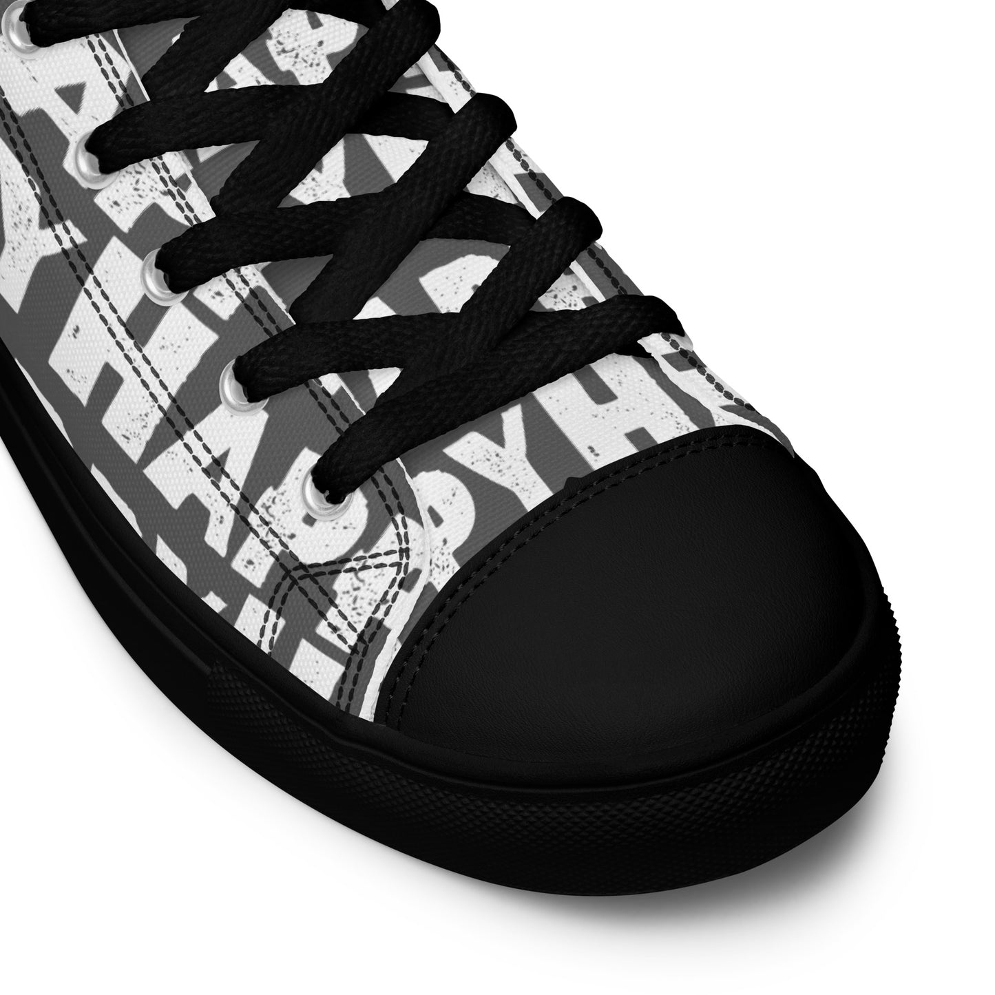 Fun Shoes slate grey and white Happy Sponge Print High Tops lace up black sole black laces black faux leather toe cap closeup