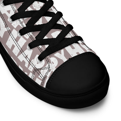 Fun Shoes taupe and white Happy Sponge Print High Tops lace up black sole black laces black faux leather toe cap closeup