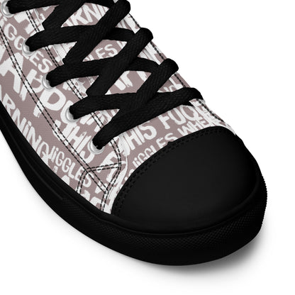 HappyStuff taupe high tops with playful white print Warning This Foot Jiggles When Happy black laces faux leather toe cap closeup black sole