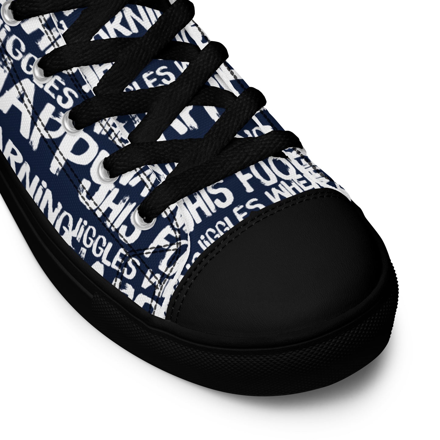 HappyStuff navy blue high tops with playful white print Warning This Foot Jiggles When Happy black laces faux leather toe cap closeup black sole