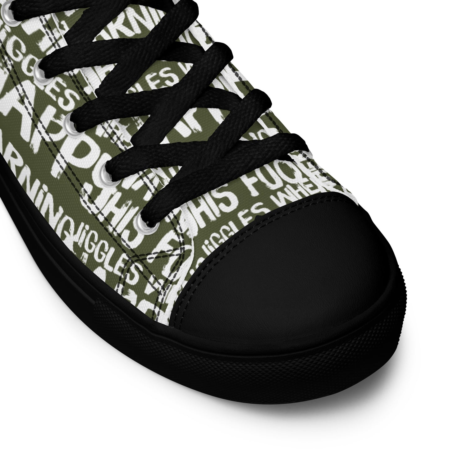 HappyStuff khaki green high tops with playful white print Warning This Foot Jiggles When Happy black laces faux leather toe cap closeup black sole