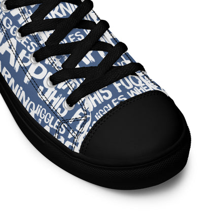 HappyStuff denim blue high tops with playful white print Warning This Foot Jiggles When Happy black laces faux leather toe cap closeup black sole