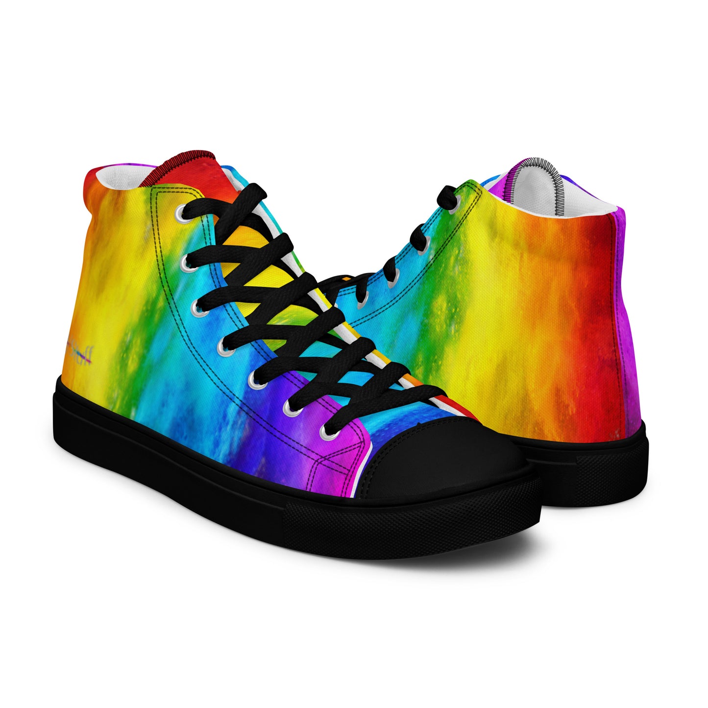 Rainbow shoes HappyStuff mens high tops holi colours printed on white shoes right shoe front view left shoe back view sneakers black sole