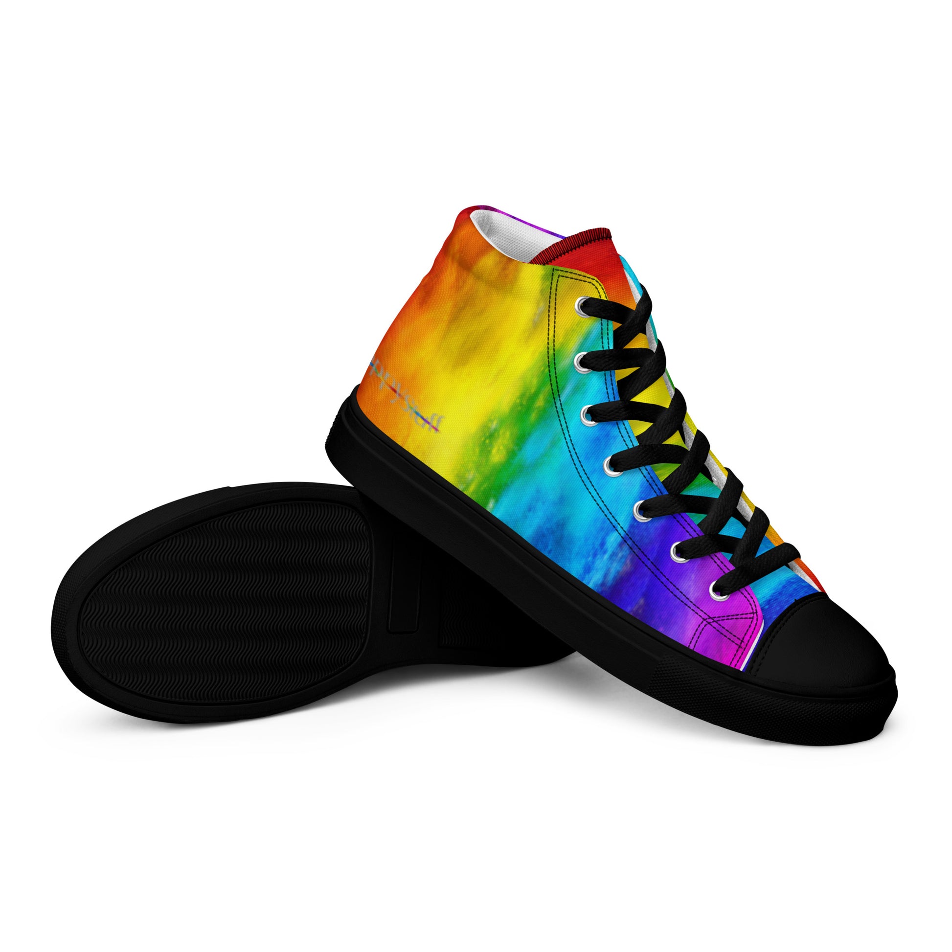 Closeup black rubber sole view rainbow shoes holi colours printed on white high top sneakers fun shoes HappyStuff mens sneakers