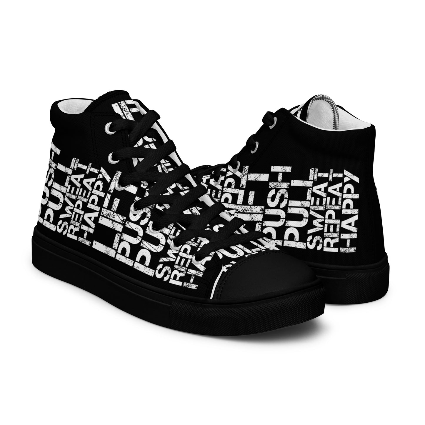 High tops mens right shoe front view left shoe back view lift push pull sweat repeat happy distress print black and white shoes black sole HappyStuff brand