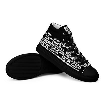 Mens sneakers closeup black sole view black high tops with lift push pull sweat repeat happy distress print black and white shoes HappyStuff brand