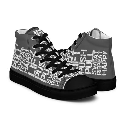 High tops mens right shoe front view left shoe back view lift push pull sweat repeat happy distress print slate grey and white shoes black sole HappyStuff brand