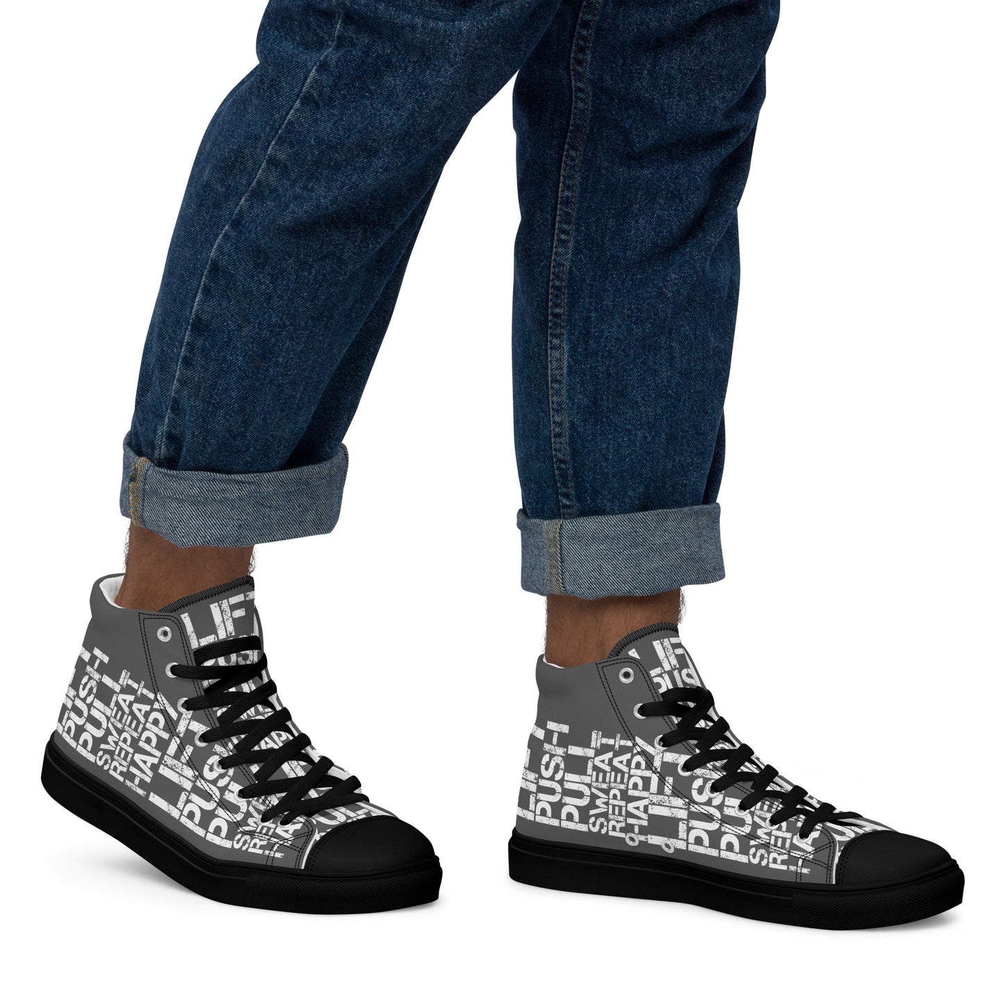 Walking right in mens sneakers HappyStuff high top slate grey shoes lift push pull sweat repeat happy distress print slate grey and white black sole