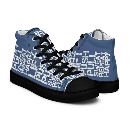 High tops mens right shoe front view left shoe back view lift push pull sweat repeat happy distress print denim blue and white shoes black sole HappyStuff brand