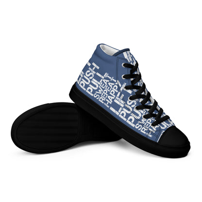 Mens sneakers closeup black sole view denim blue high tops with lift push pull sweat repeat happy distress print denim blue and white shoes HappyStuff brand