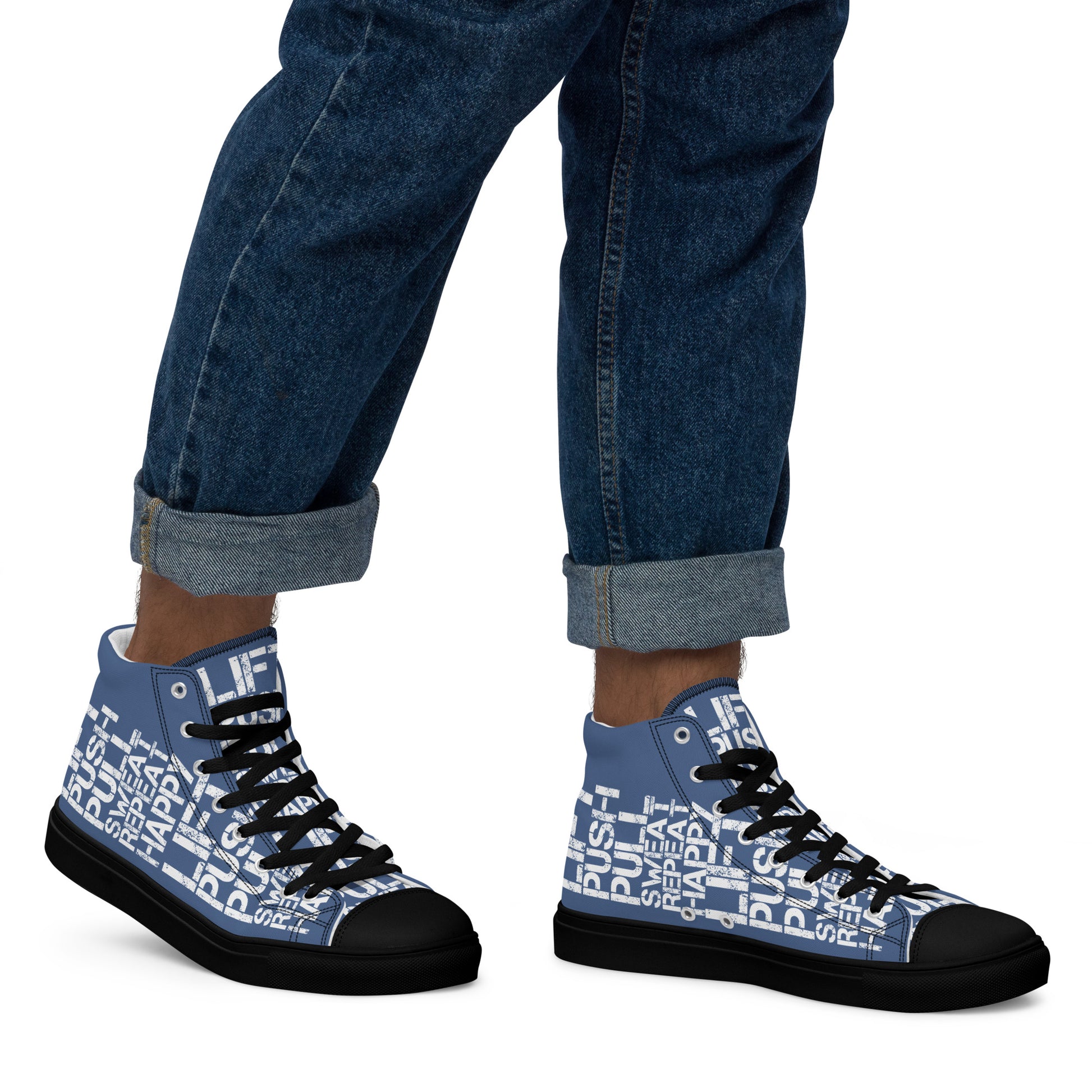 Walking right in mens sneakers HappyStuff high top denim blue shoes lift push pull sweat repeat happy distress print denim blue and white black sole