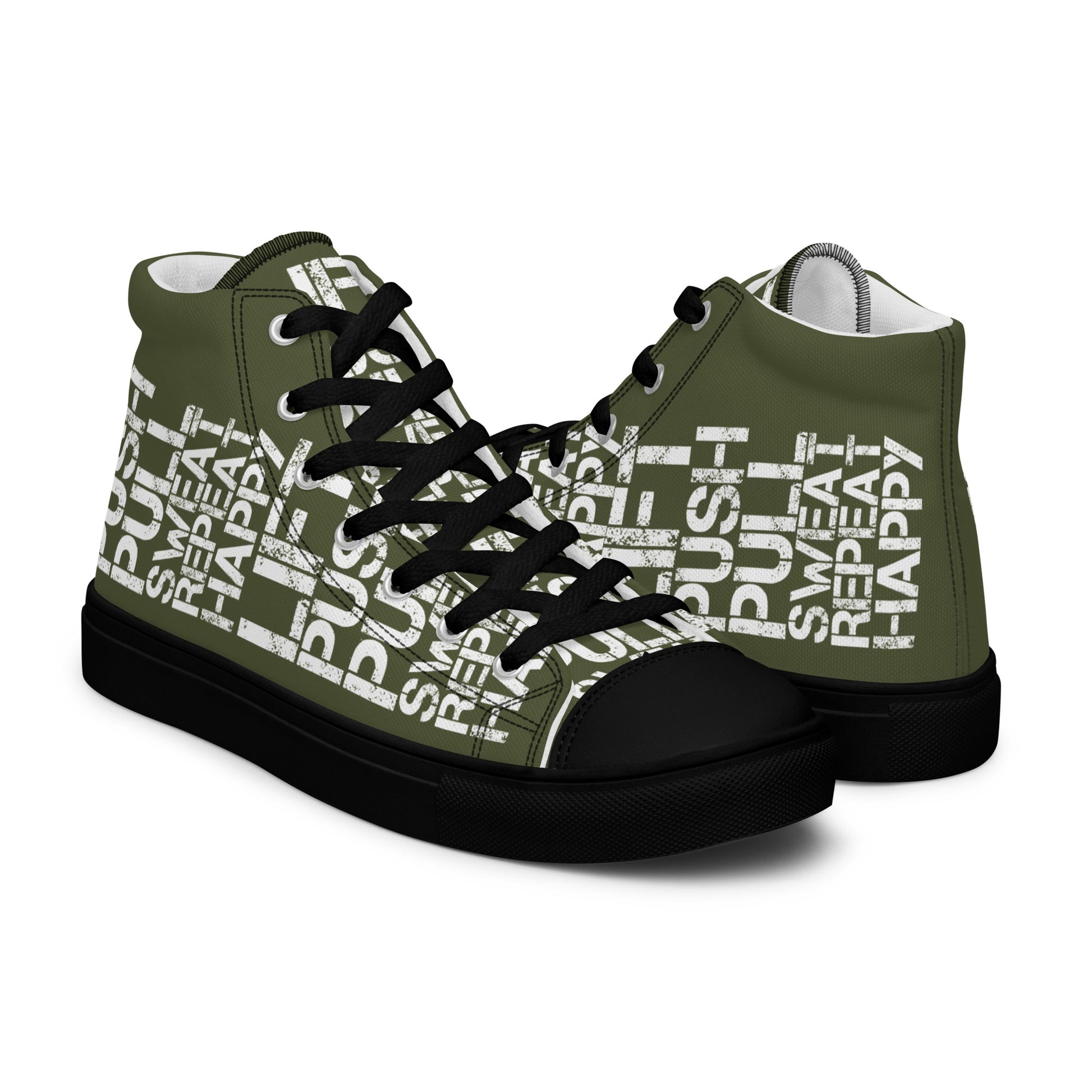 High tops mens right shoe front view left shoe back view lift push pull sweat repeat happy distress print khaki green and white shoes black sole HappyStuff brand