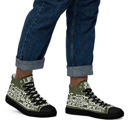 Walking left in mens HappyStuff high tops khaki green canvas sneakers lift push pull sweat repeat happy distress print gym shoe black sole