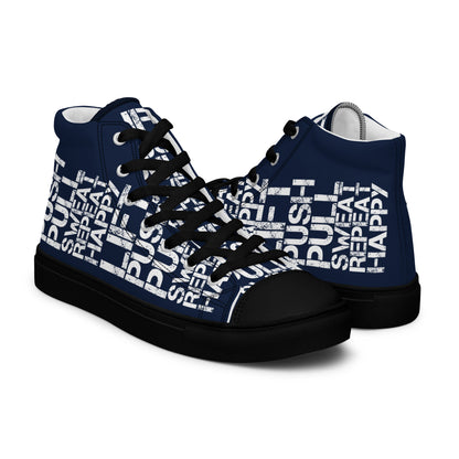 High tops mens right shoe front view left shoe back view lift push pull sweat repeat happy distress print navy blue and white shoes black sole HappyStuff brand