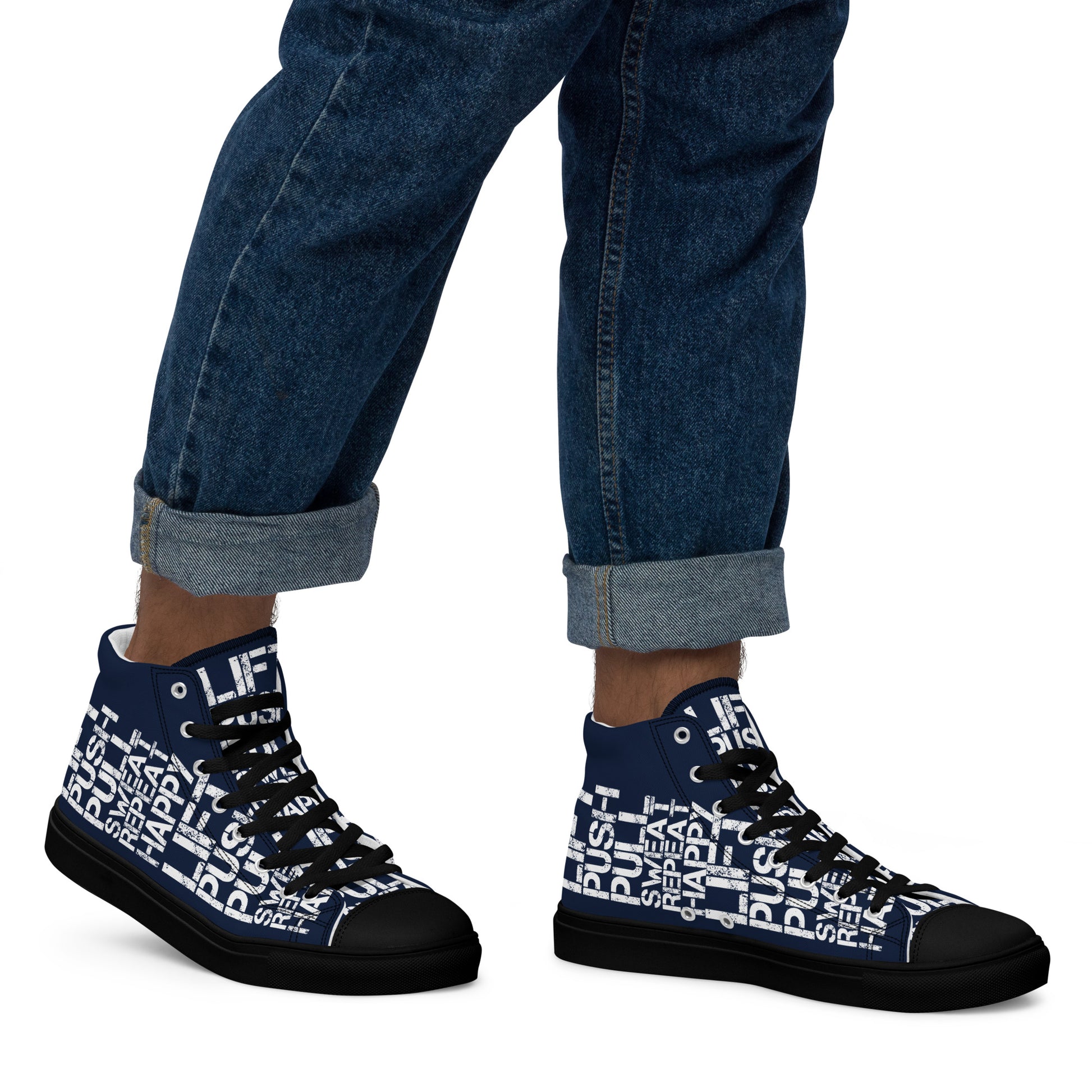 Walking right in mens sneakers HappyStuff high top navy blue shoes lift push pull sweat repeat happy distress print navy blue and white black sole