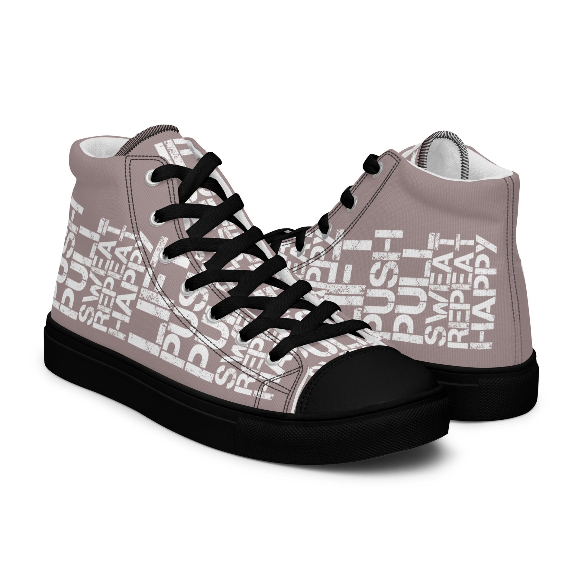 High tops mens right shoe front view left shoe back view lift push pull sweat repeat happy distress print taupe and white shoes black sole HappyStuff brand