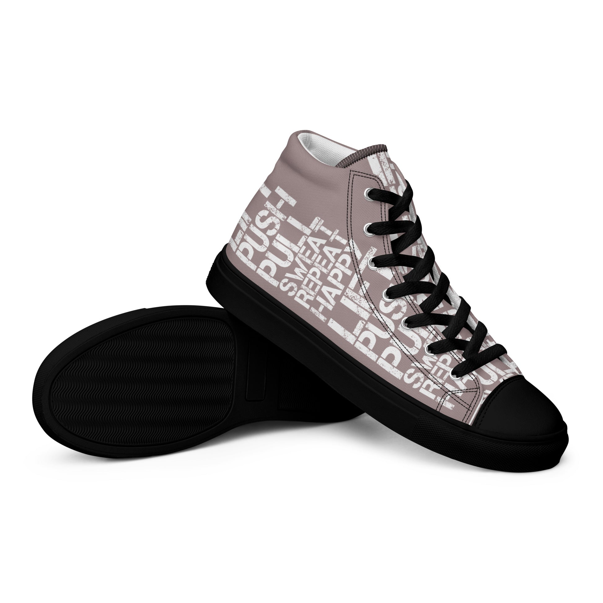 Mens sneakers closeup black sole view taupe high tops with lift push pull sweat repeat happy distress print taupe and white shoes HappyStuff brand