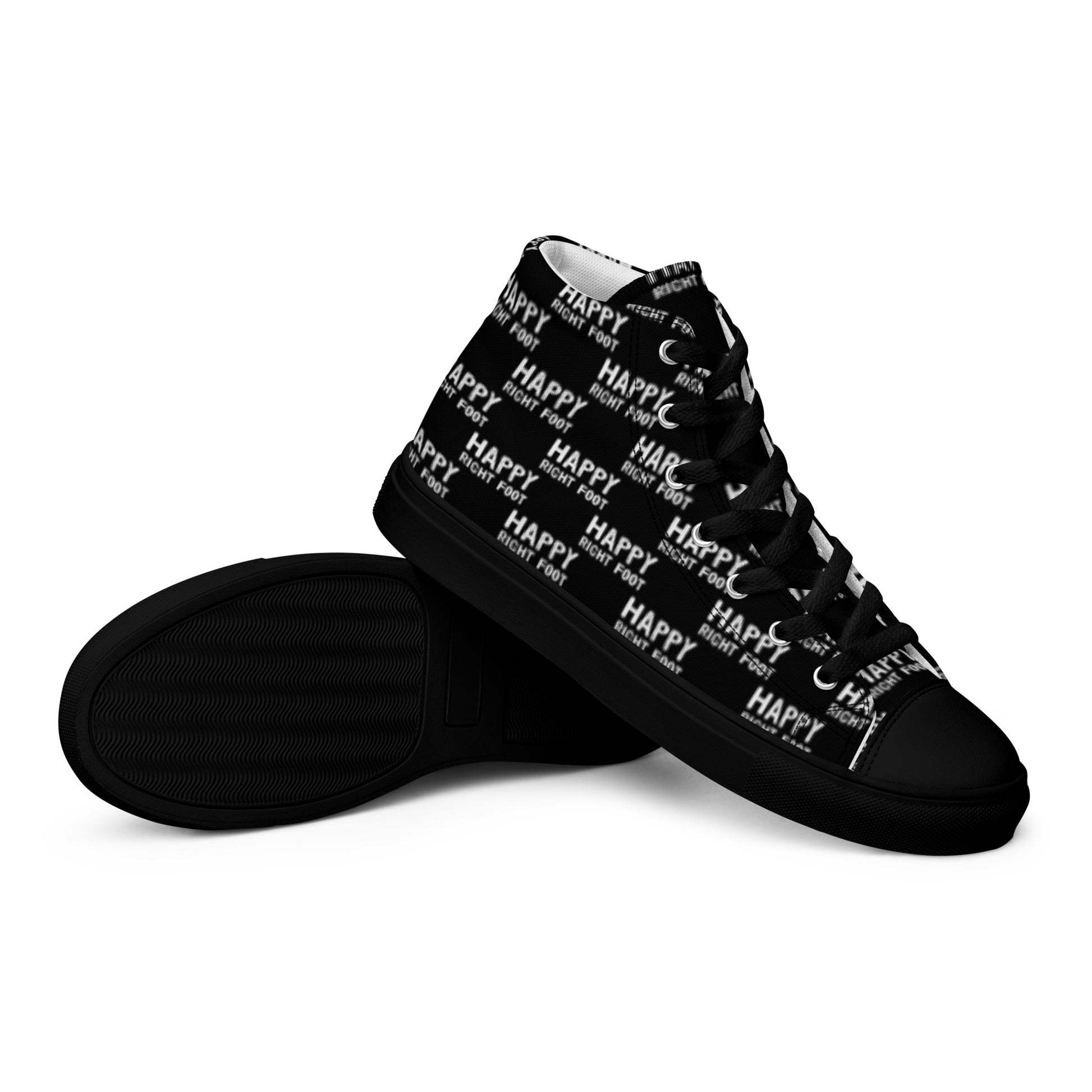 HappyStuff mens sneakers closeup black sole view black high tops with Happy Left Foot Happy Right Foot Pattern Print black and white shoes