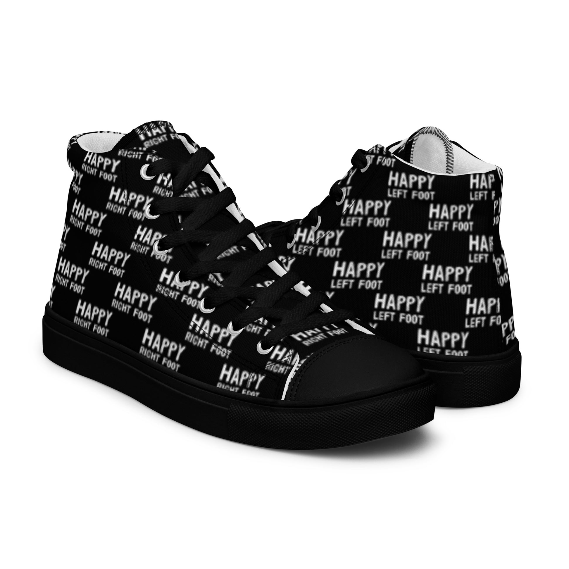 High tops mens right shoe front view left shoe back view Happy Left Foot Happy Right Foot Pattern Print black and white shoes  black sole HappyStuff brand